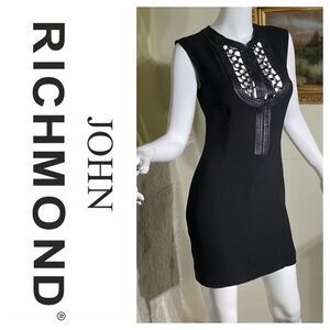 John Richmond Silk & Leather LBD Little Black Mini Dress